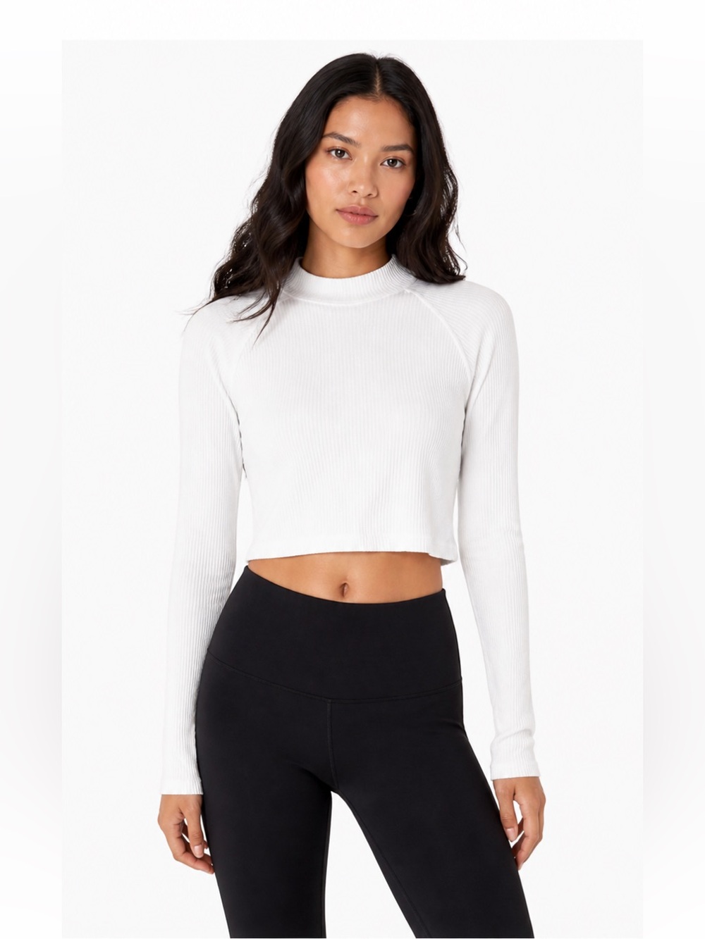 BEYOND YOGA White Ribbed Cropped Top Long Sleeve Mock Neck Size S NWT $76